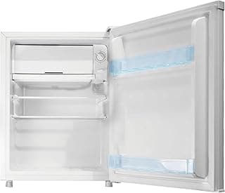 Frigobar branco Agratto FG70-01 aberto mostrando interior vazio, porta do congelador levantada, prateleiras e compartimento para gelo visíveis, alça de metal, fundo branco, ângulo frontal