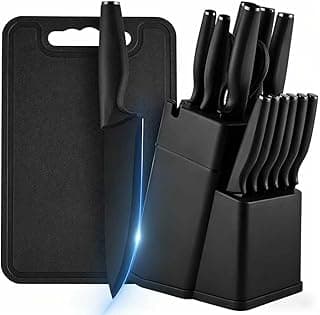 Conjunto de facas de cozinha EKROTOK 15 peças com tábua de corte e bloco, facas de aço inoxidável 3cr13, preto