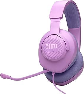Fone de ouvido JBL Quantum 100M2, cor rosa e cinza, microfone removível, fundo branco.