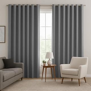 Cortina blackout cinza para sala de estar, 4,00 x 2,80, pendurada na janela.