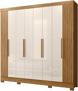 Guarda roupas com 8 portas e 4 gavetas, design ripado, madeirado e off-white, Moval
