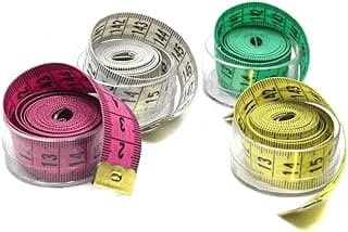 Fitas métricas LANMAX de 150cm em potes acrílicos, cores rosa, prata, verde e amarelo