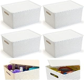 Kit de 4 caixas organizadoras brancas com tampa, 15 litros, com itens de organização visíveis
