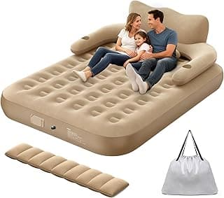 Colchão inflável Trailabo com encosto e travesseiro, família sentada, fundo branco, bolsa branca
