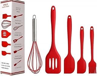 Kit Jogo Conjunto 5 Utensílios De Cozinha Vermelho em Silicone Antiaderente com Fouet Não Risca Resistente ao Calor Premium Livre de BPA