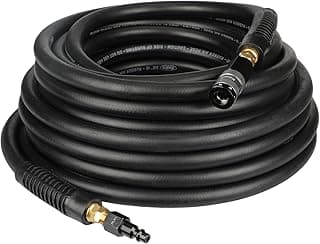 Mangueira de ar de borracha preta com conexões douradas para compressor de ar, pressão máxima 300 PSI.