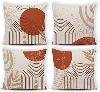 Kit de quatro almofadas decorativas digitais com estampas de círculos e folhas em tons de terracota e bege.