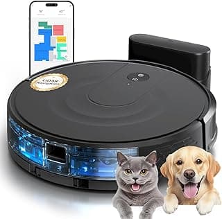 Robô aspirador de pó com esfregão, controle por aplicativo, tecnologia LiDAR, ideal para pelos de animais.