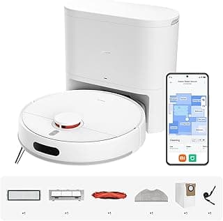 Robô Aspirador de Pó Inteligente Xiaomi H40 com Base de Autolimpeza, branco, e acessórios.