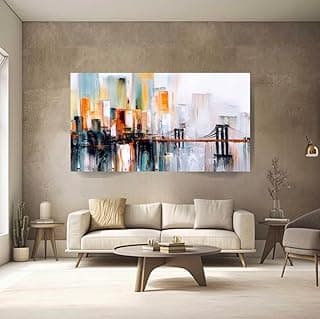 Quadro abstrato grande 60x40 cm com cidade e ponte em cores vibrantes na sala de estar