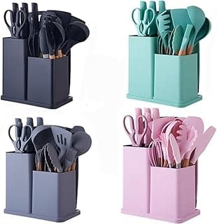 Kit Completo 19 Peças Utensílios de Cozinha em Silicone com Cabo de Bambu, Facas, Tesoura e Tábua de Corte Resistente ao Calor Antiaderente para Uso Doméstico(Aleatorio)