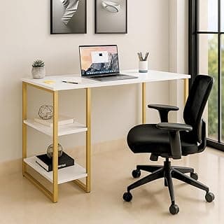 Mesa Escrivaninha Estilo Industrial com Prateleiras 100x50cm Escritório Moderno 100% MDF Premium Branco e Aço Dourado