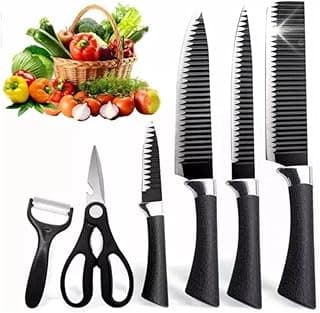 Conjunto de Facas de Cozinha 7 Peças em Aço Inox com Revestimento Antiaderente – Kit Profissional para Cozinha e Churrasco(KIT 6 PRETO)
