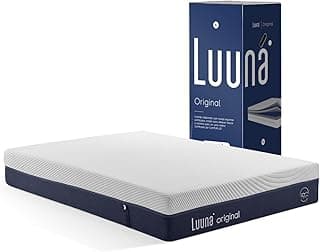 Colchão Queen Luuna Original Firme, branco com detalhes em azul marinho, caixa azul ao fundo.