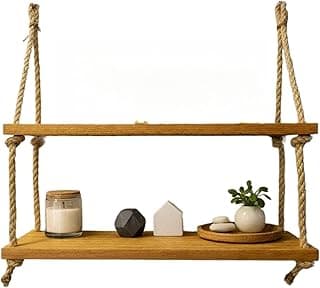 Prateleira de Madeira Suspensa com Corda de Sisal Decoração Rústica Boho para Parede Kit Organizador Multiuso Casa Quarto Sala (Com 2)