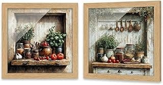 Pintura decorativa vintage de prateleira de cozinha com ervas e vegetais em moldura de madeira