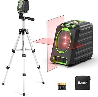 Nível a laser Huepar com tripé, luzes vermelhas e verdes, contra fundo branco