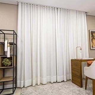 Cortina branca de gaze de linho blackout com trilho duplo e design de onda, 2,50m x 11,50m.