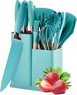 Utensilios para Cozinha Silicone Kit com 19 Peças Cabo Madeira Conjunto Completo Espátula Concha Colher Jogo Suporte Faca Antiaderente Tabua Tesoura Faqueiro (VERDE 02)