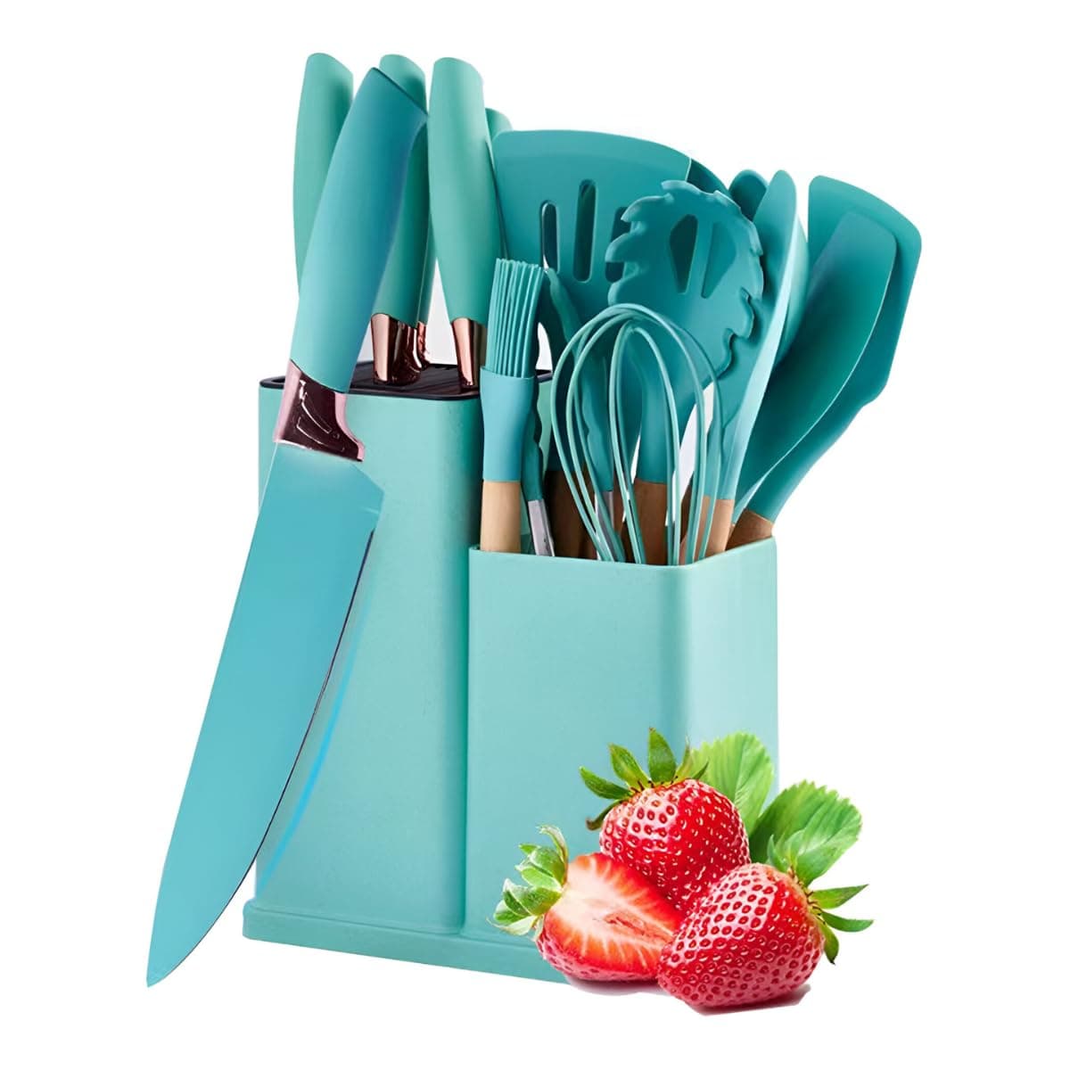 Utensilios para Cozinha Silicone Kit com 19 Peças Cabo Madeira Conjunto Completo Espátula Concha Colher Jogo Suporte Faca Antiaderente Tabua Tesoura Faqueiro (VERDE 02)