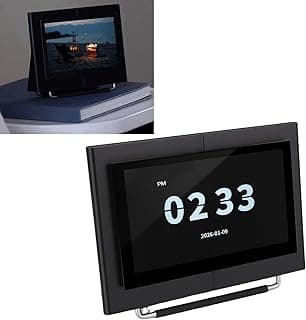 Dispositivo eletrônico preto com tela digital de 7 polegadas e funcionalidade de relógio, porta-retratos digital.