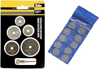 Conjunto de discos de serra circulares para micro retífica com embalagem da marca Eda e estojo azul com discos e hastes metálicas.