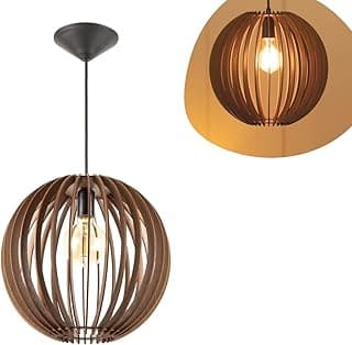Pendente de madeira estilo cúpula com luz acesa, cor imbuia, para sala e quarto