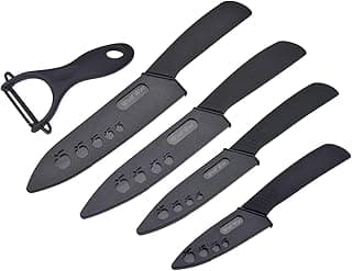 Conjunto de facas de cerâmica com descascador, facas pretas com cabos e lâminas afiadas