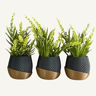 Cachepots decorativos em kit de trio, preto e dourado, com plantas verdes, contra fundo branco.