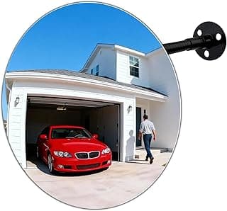 Espelho convexo acrílico de 30 cm com reflexo de garagem e carro vermelho
