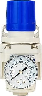 Regulador de pressão de ar BLCH com manômetro de 0 a 160 psi, tampa azul, fundo branco.
