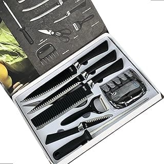 Kit de facas de churrasco com lâminas de aço inoxidável e cabo preto, em caixa de apresentação branca
