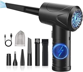 Aspirador portátil sem fio preto com múltiplos acessórios e luz de carga azul
