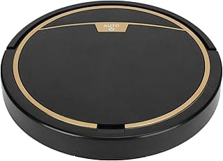 Aspirador de pó robô circular preto com borda dourada, texto AUTO em ouro