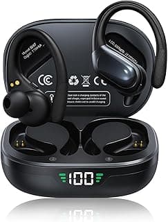 Fones de ouvido Bluetooth 5.0 sem fio TWS esportivos à prova d'água com estojo de carregamento preto mostrando 100% de carga.