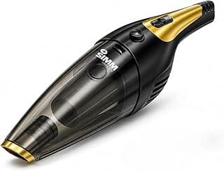 Aspirador de pó e água portátil preto e dourado, controle superior, texto '0 SIMM'.