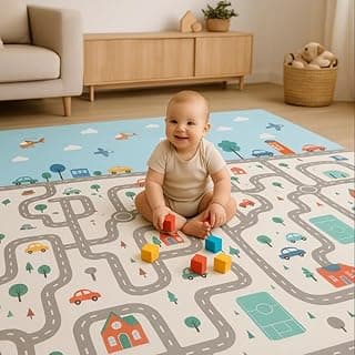 Tapete infantil dobrável com design de pista de carros, bebê brincando