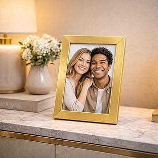 Porta retrato dourado 10x15 com moldura fosca, kit de 3 unidades, em fundo cinza com decoração.