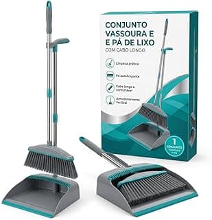 Conjunto Vassoura e Pá de Lixo com Cabo Longo | Pá com Borda de Borracha, Encaixe para Armazenamento Vertical | Ideal para Casa, Cozinha, Escritório, Apartamento e Área Interna