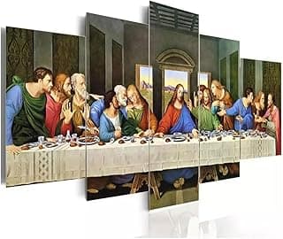 Painel decorativo da Última Ceia com Jesus e apóstolos, pintura realista em cinco partes