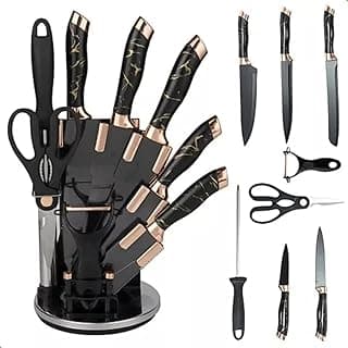 Jogo de facas 8 peças com suporte em aço inoxidável preto e cabos em bronze
