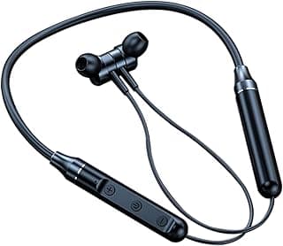 Fone de ouvido sem fio neckband preto, controle de botão, fios, fundo branco