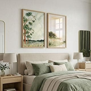 Kit 2 quadros decorativos paisagem aquarela moldura pinus vidro 33x43cm para quarto sala estilo boho