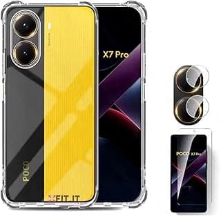 Smartphone Xiaomi Poco X7 Pro com capa transparente anti-impacto, vista traseira e lateral esquerda