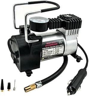 Compressor de ar veicular elétrico portátil prata e preto com manômetro e três bicos