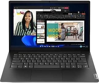 Notebook Lenovo V14 G4 aberto com tela mostrando mulher e texto 'WOOD WORK', teclado e trackpad visíveis, fundo branco.