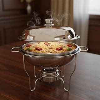 Rechaud redondo em aço inoxidável com tampa de vidro, em um suporte com queimadores, em uma mesa de madeira.