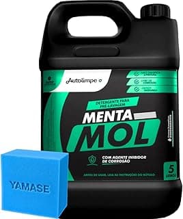 Galão preto de 5 litros de desengraxante automotivo Mentamol da marca Yamase com esponja azul ao lado