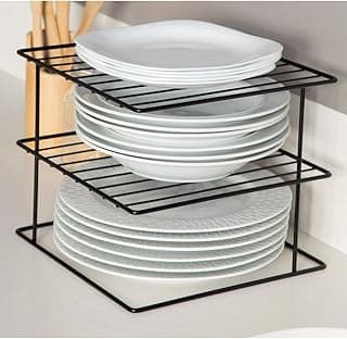 Organizador de armário de cozinha com três andares, preto, para 24 pratos.