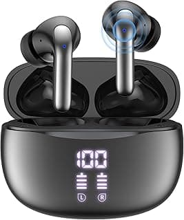 Fone de Ouvido Sem Fio Bluetooth 5.3 com Cancelamento de Ruído, 50H Playback, LED Power Display, Fones de Ouvido Intra-Auriculares com Microfone, Fones de Ouvido Estéreo Redução de Ruído, Esportes
